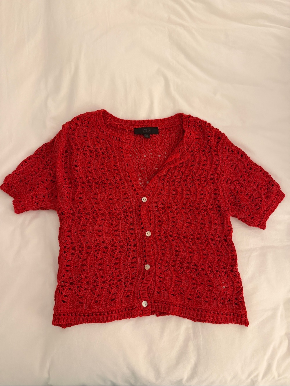 Zara Red Crochet Short-Sleeve Button Cardigan